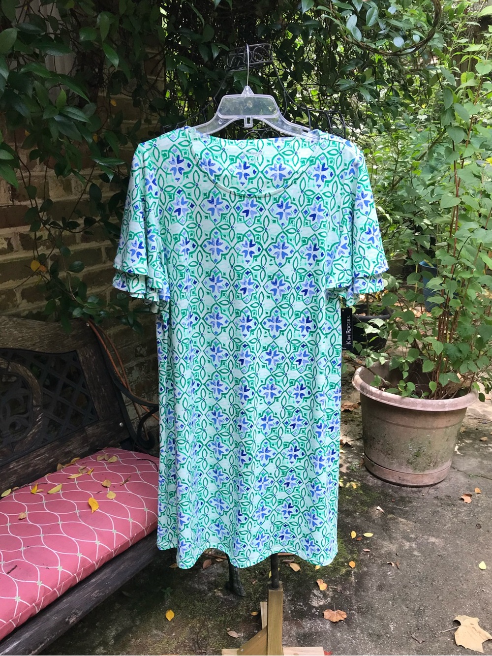 Kim Rogers- BLUE/GREEN FLORAL PRINT SHIFT DRESS- Size Petite Large- NWT